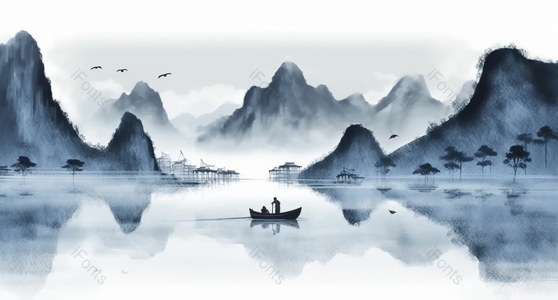 中式黑白山峰飞鸟小船上的人水墨风格山水画,插画/手绘图,插画/手绘图库,插画/手绘图下载,插画/手绘